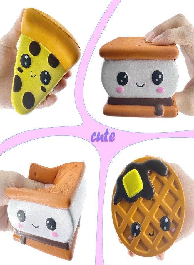 funnysquee Slow Rising 4 Pcs Smore Squishies, Cute Birthday Gift for Kids, Big Eyes Smore Pizza Biscuit Waffle Pack Stress Relief Squeeze Toys (Style A) - Image 2